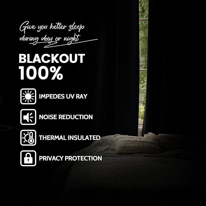 Yakamok 100% Blackout Curtains Black Room Darkening Thermal Insulated Window Curtain with 2 Thick Layers-Set of 2 Panels Grommet Top Drapes for Bedroom Living Room 52 Inches by 63 Inches Length