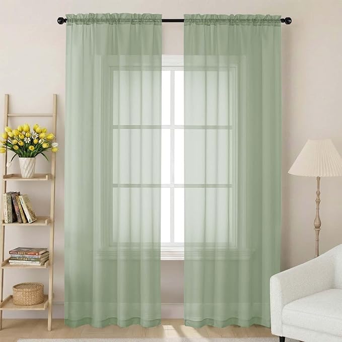Sage Green Sheer Curtains 84 Inches Long 2 Panels, Soft Light Filtering Curtains for Bedroom Living Room, Modern Rod Pocket Privacy Drapes Window Treatments, Sage Green, Total Wide 84 Inch