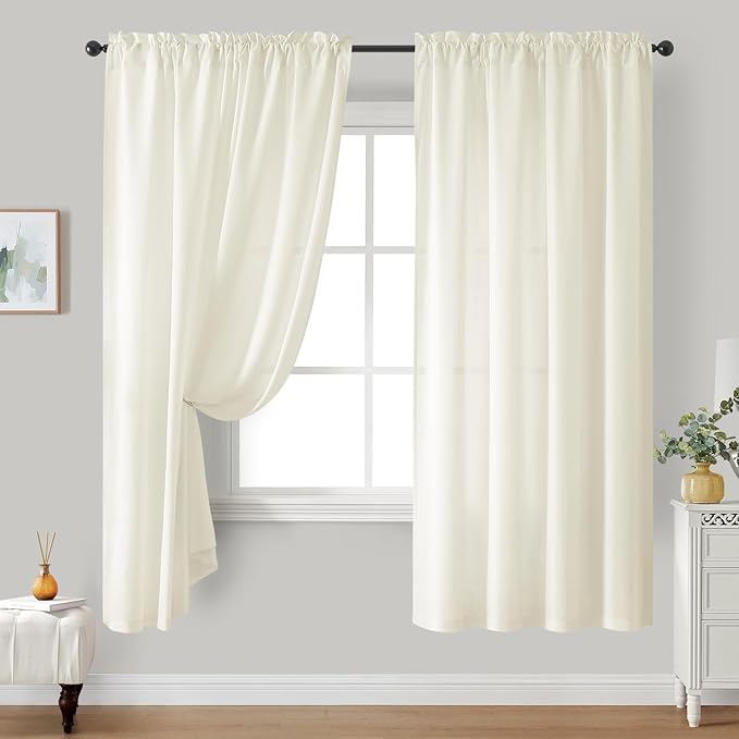 HOMEIDEAS Non-See-Through Cream Yellow Privacy Sheer Curtains, 52 X 72 Inches Long 2 Panels Light Yellow Sheer Curtains Light Filtering Window Drapes for Bedroom Living Room
