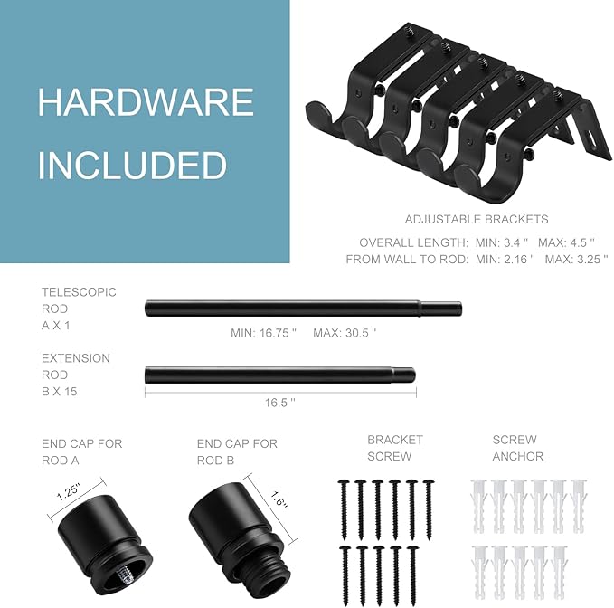 Byondeth Curtain Rods for Windows 16 to 240 Inches Adjustable Length 1 Inch Diameter Window Curtain Rod with Aluminium Finials, Black