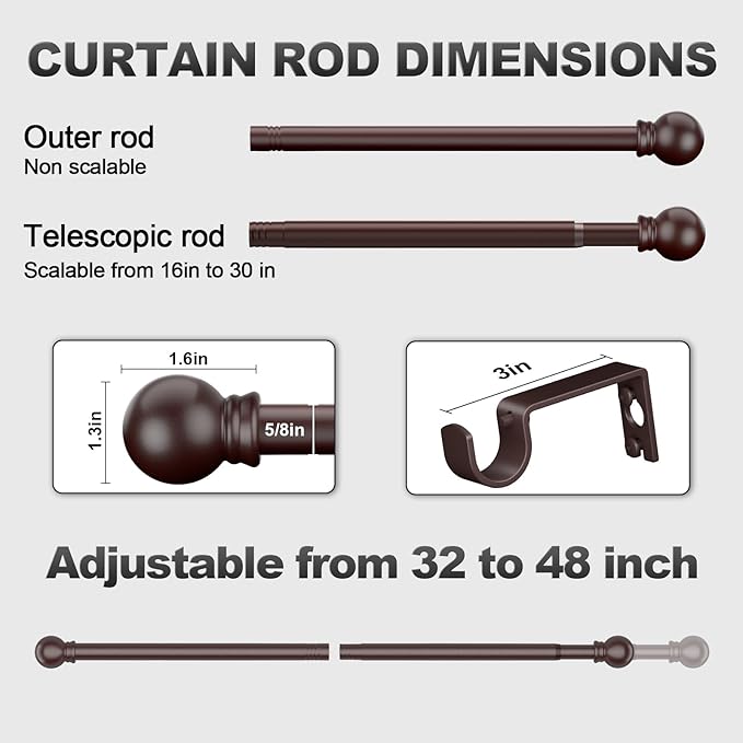 Bronze Curtain Rods for Bedroom with Brackets,5/8 Inch Diameter Small Window Curtain Rod Adjustable 32 to 48 Inches,Easy Install Drapery Rods