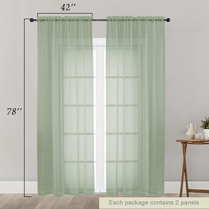 Sage Green Sheer Curtain for Bedroom Living Room 78 Inches Long 2 Panels Set, Solid Soft Airy Light Filtering Sheer Window Curtains, Modern Rod Pocket Door Curtain, 42" Wx78 L Inches