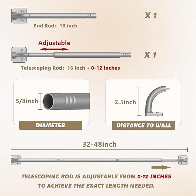 UIOSANRT Warp Around Curtain Rods for Windows 28 to 48 inch, 5/8" Diameter Blackout Curtain Rod for Bedroom Living Room Silver