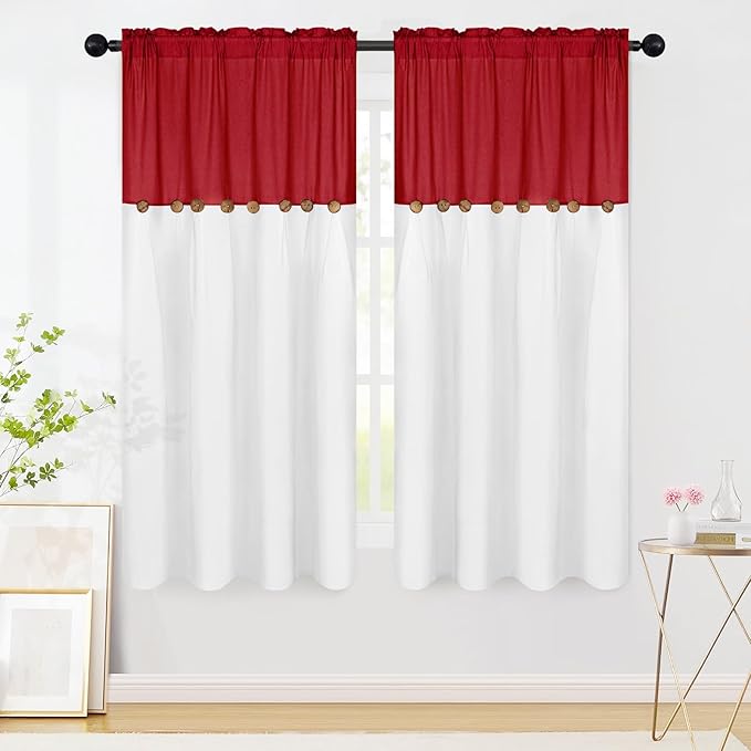 FRAMICS Farmhouse Cotton Linen Curtains for Living Room, Boho Button Curtains 63 inch Length, Rustic Country Linen Window Curtains for Bedroom, Rod Pocket Drapes, 52 x 63 Inch, Red and White