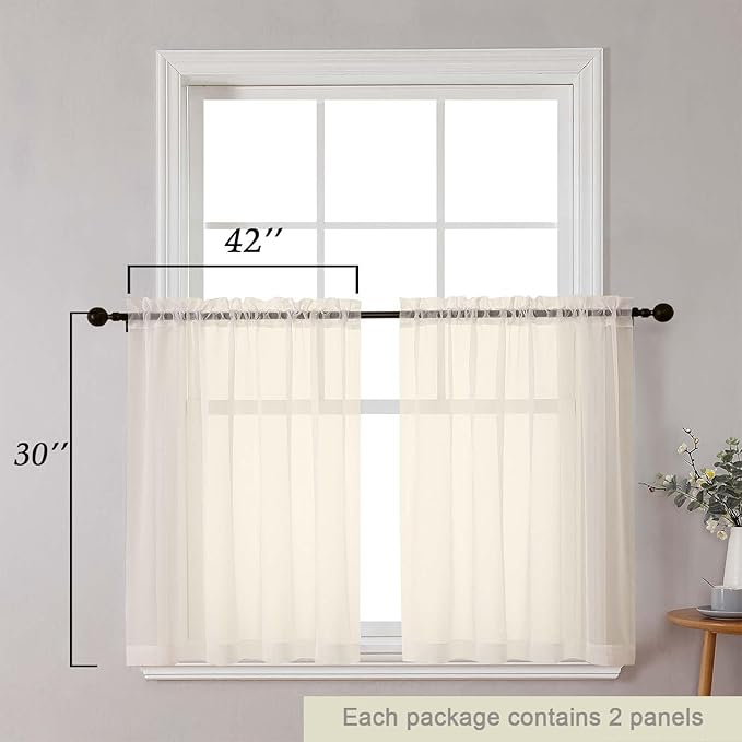 Cream Kitchen Curtains 30 Inch Length Tier 2 PCS, Solid Soft Airy Half Curtains for Windows, Sheer Rod Pocket Drapes for Bathroom Basement Small Window, Cream, 42" Wx30 L Inches