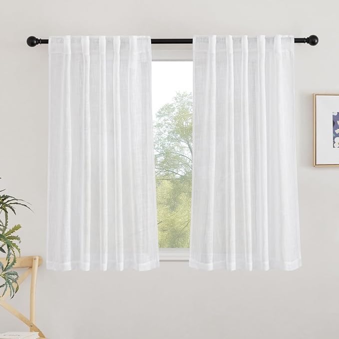 NICETOWN White Sheer Bathroom Curtains Window Treatments, Rod Pocket & Back Tab Semi Sheer Faux Linen Privacy with Light Filtering Drapes for Bedroom, W34 x L48, 2 Panels