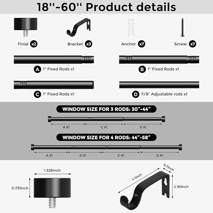 VOIIY Curtain Rods for Windows 28 to 48 Inch(1.5-5 Feet),Black 1'' Diameter Drapery Rods with End Cap Style Design,Modern Adjustable Heavy Duty Curtain Rod,Size:30''-60''