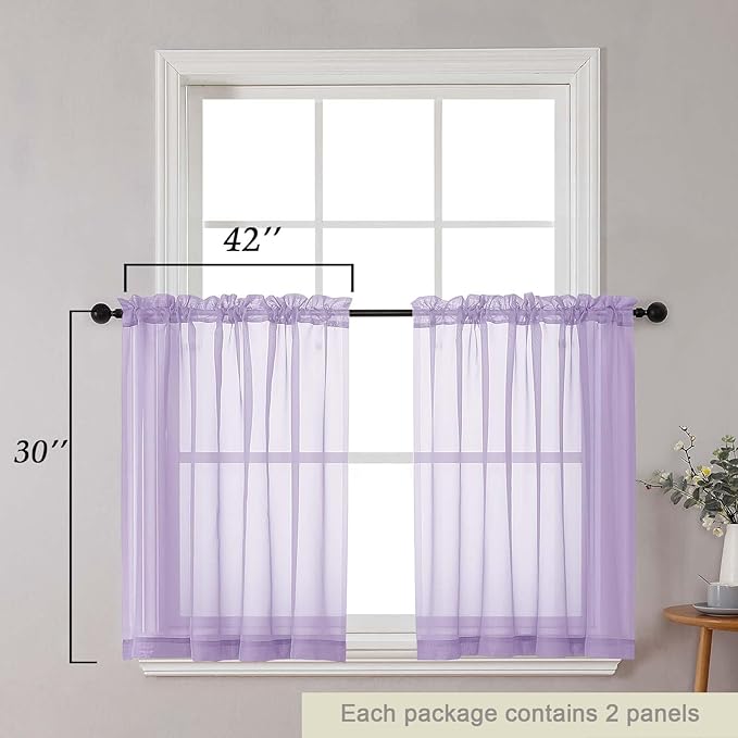 Lavender Kitchen Curtains 30 Inch Length Tier 2 PCS, Solid Soft Airy Half Curtains for Windows, Lavender Sheer Rod Pocket Drapes for Bathroom Basement Small Window Curtain, 42"Wx30"L Inches