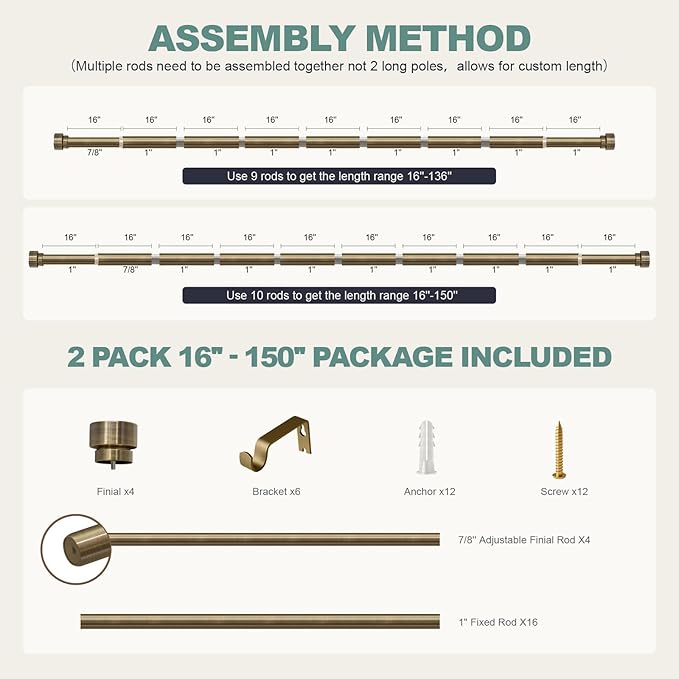 Lootkell 2 Pack Antique Bronze Curtain Rods for Windows 72 to 144 Inches Adjustable Heavy Duty 1" Diameter Window Curtain Rod with Solid Metal Finials for Outdoor Farmhouse Bedroom Kitchen Living Room
