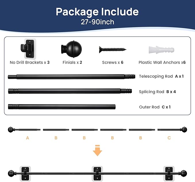 ENJOYBASICS No Drill Curtain Rods for Window 48 to 84 Inches, 5/8 Inch Diameter Renter Friendly Drapery Rod with Adhesive Brackets without Drilling, Adjustable from 27 to 90 Inches, Black