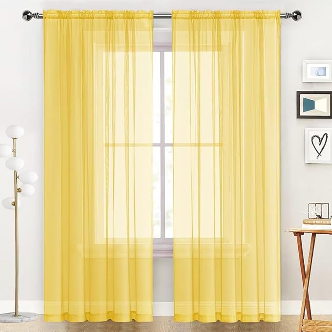 SpaceDresser Sheer Voile Window Treatment Rod Pocket Curtain Panels for Kitchen Bedroom Living Room Drapes Sunlight Filtering Privacy Semi Home Decor Assorted Colors Sizes (Yellow, 52 W x 72 L)