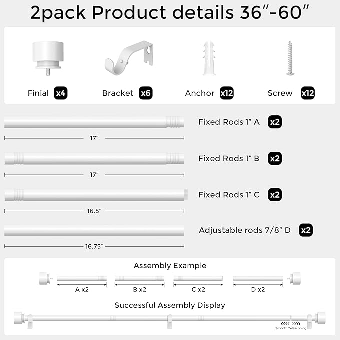 Modern White Curtain Rods 2 Pack for Windows 30 to 56 Inch, 1" Diameter Adjustable Heavy Duty Window Curtain Pole with Matte White End Cap Finials, Decorative Drapery Rods for Living Room, Bedroom