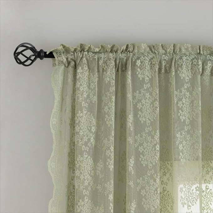 YJ YANJUN Vintage Lace Curtains 90 Inches Long-Victorian Floral Pattern Sage Green Sheer Curtains 2 Panels Embroidered Vine Tulle Voile Window Drapes Boho Aesthetic Decor 52 x 90 Inch Light Green