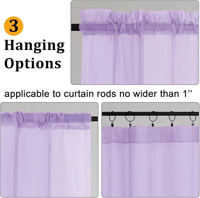 Gwine Lilac Sheer Curtains for Living Room 45 inches Long, Short Voile Light Filtering Window Treatments Sheer Curtains for Bedroom, Half Window Drapes with Rod Pocket, Each 42" Wx45 L