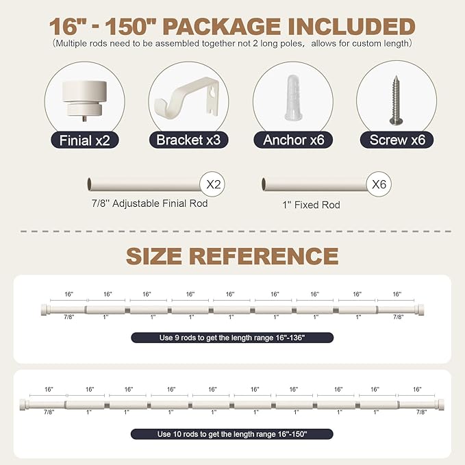 Lootkell Modern White Curtain Rods for Windows 72 to 144 Inches Adjustable Length Heavy Duty 1" Diameter Window Curtain Rod with Decorative Finials for Outdoor Farmhouse Bedroom Kitchen Living Room