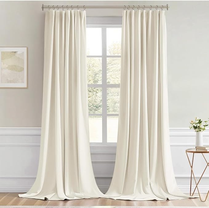 MIULEE Beige White Back Tab Blackout Curtains 108 Inch Long 2 Panels Set for Bedroom, Rod Pocket/Pinch Pleat Extra Long Thermal Insulated Living Room Darkening Pleated Light Blocking Drapes