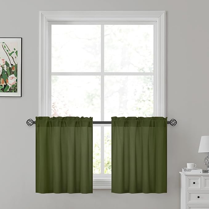 HOMEIDEAS Non-See-Through Olive Green Privacy Sheer Kitchen Curtains, 30 X 24 Inches Long 2 Panels Sheer Curtains Light Filtering Window Drapes for Bedroom Living Room