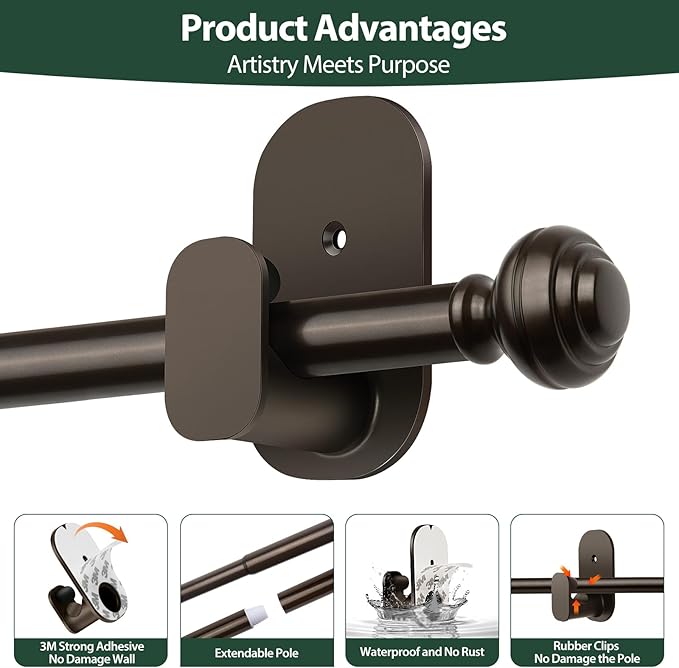 KAMANINA Curtain Rods No Drilling for Windows 32 to 86 Inches, 5/8 Inch Diameter Adjustable Curtain Pole with Adhesive Brackets, Bronze