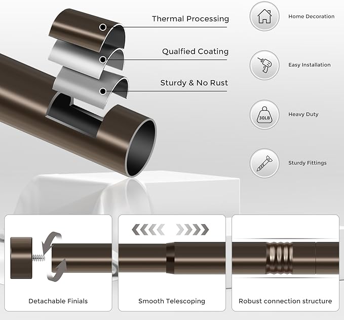 VOIIY 2 Pack Curtain Rods for Windows 28 to 48 Inch(1.5-5 Feet), Bronze 1'' Diameter Drapery Rods with End Cap Style Design,Modern Adjustable Heavy Duty Curtain Rod,Size:30''-60''
