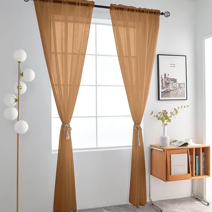 SpaceDresser Basic Rod Pocket Sheer Voile Window Curtain Panels Light Brown 1 Pair 2 Panels 52 Width 45 Inch Long for Kitchen Bedroom Children Living Room Yard（Light Brown, 52W x 45L）