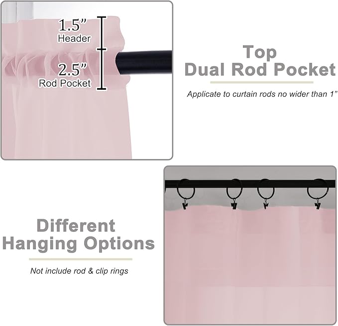 Extra Long Blush Sheer Curtains for Bedroom Living Room 120 Inches Long 2 Panels Set, Solid Soft Light Filtering Rod Pocket Sheer Window Curtains, Blush, Each 59" Wx120 L Inch