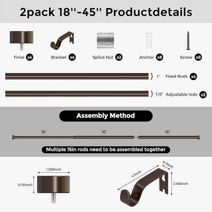 VOIIY 2 Pack Curtain Rods for Windows 18 to 42 Inch(1.5-3.5 Feet),Bronze 1'' Diameter Drapery Rods with End Cap Style Design,Modern Adjustable Heavy Duty Curtain Rod,Size:18''-42''