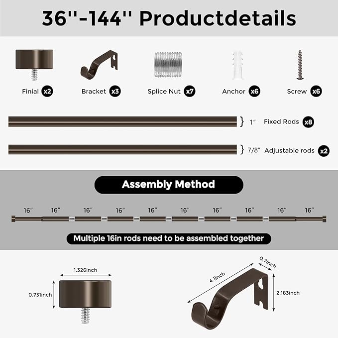 VOIIY Bronze Curtain Rods for Windows 72 to 144 Inch(6-12 Feet),1" Diameter Rods with Modern Style End Cap Finials,Size:36-144 Inch,Antique Bronze