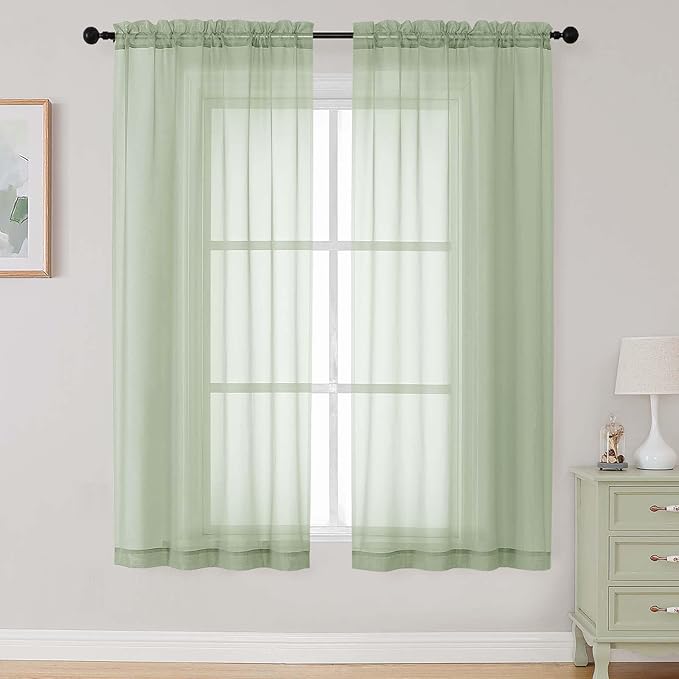 Light Green Sheer Curtains 63 Inch Length 2 Panels Set for Living Room Bedroom, Airy Soft Light Filtering Sheer Dining Room Curtains, Modern Rod Pocket Drapes, Light Green, Each 42" Wx63 L