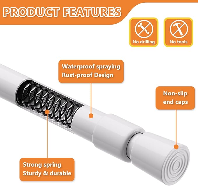 KXLife 4 Pcs Spring Tension Curtain Rod Adjustable 28 to 40 Inches, 5/8" Diameter, White, Expandable Spring Loaded Tension Rods For Window No Drilling
