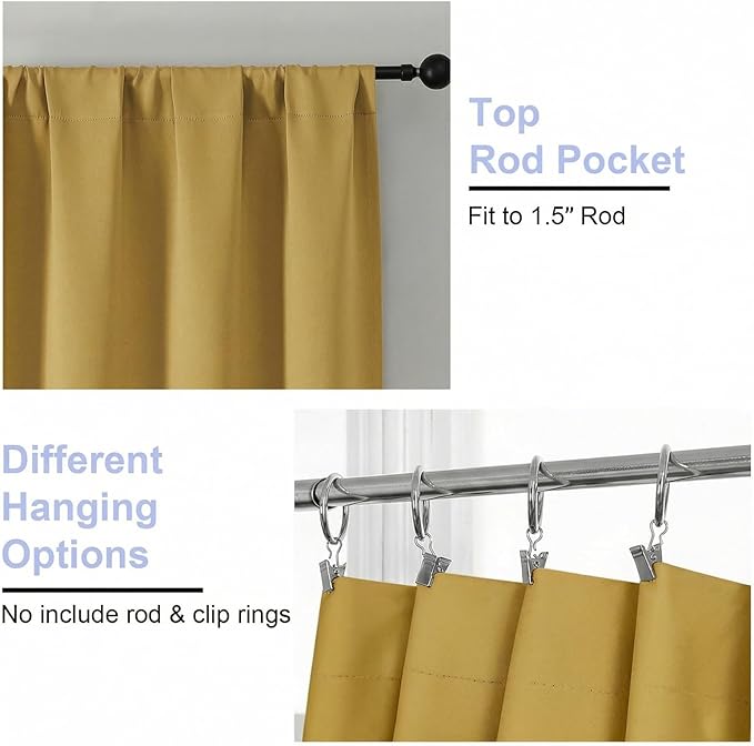 Simplebrand Ava Bright Gold Blackout Curtains for Bedroom 90 Inches Long 2 Panels Set, Solid Privacy Energy Saving Living Room Window Treatment Curtains Blackout Drapes, W50 x L90 Inch, Bright Gold