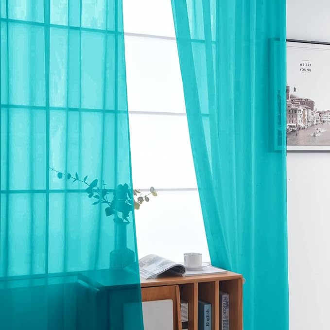 SpaceDresser Sheer Voile Window Treatment Rod Pocket Curtain Panels for Kitchen Bedroom Living Room Drapes Sunlight Filtering Privacy Semi Home Decor Assorted (Peacock Blue, 52 W x 108 L)