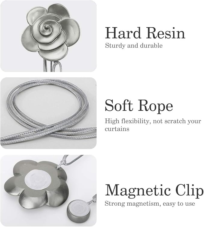 Lewondr Curtain Tie Magnetic, Vintage Resin Flower Curtain Holdback with Rope Drapery Retro Window Curtain Decorative Buckle Holder for Outdoor, Home Office, and Cafe Balcony, Gray