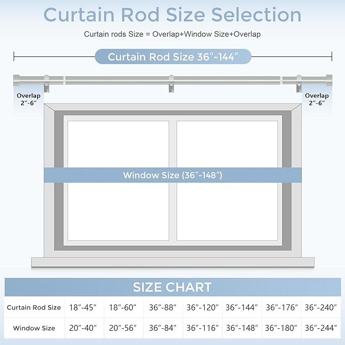VOIIY Silver Curtain Rods for Windows 72 to 144 Inch(6-12 Feet),1" Diameter Rods with Modern Style End Cap Finials,Size:36-144 Inch,Antique Silver