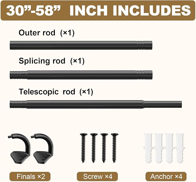 GXOACKJ Black Curtain Rods for Windows 28 to 60 inch, 5/8 inch Adjustable Wrap Around Blackout Curtain Rods for Bedroom & Outdoor