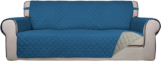 PureFit Reversible Quilted Sofa Cover, Water Resistant Slipcover Furniture Protector, Washable Couch Cover with Non Slip and Elastic Straps for Kids, Pets (Sofa, Peacock Blue/Beige)