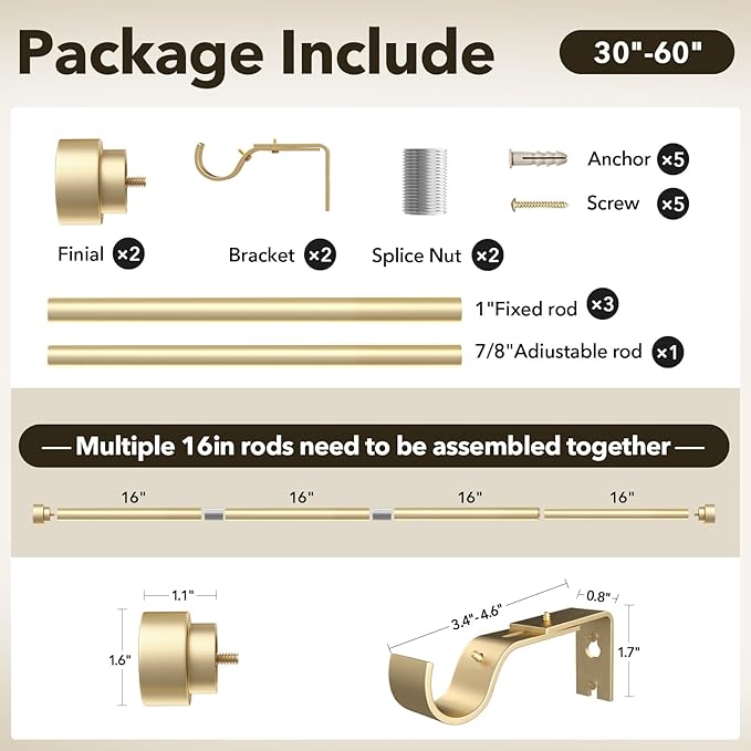 IFELS Heavy Duty Curtain Rods for Windows 28 to 48 Inch, 1 Inch Adjustable Gold Curtain Rod with Easy Installation and Modern Design (A1,Gold,30-60")