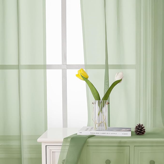 Lecloud Light Green Sheer Curtains 54 Inch Length 2 Panels, Voile Bedroom Curtains for Windows, Airy Lightweight Dual Rod Pocket Curtain Drapes Window Treatments, Each Panel 42 X 54 Inch