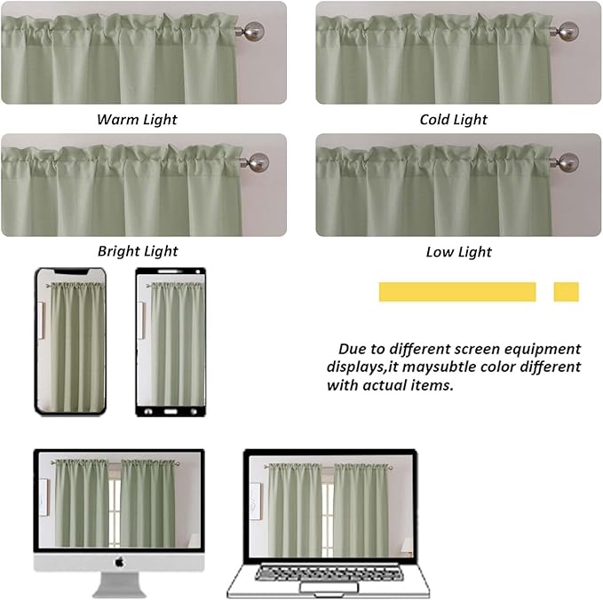 Chyhomenyc Light Green Valance for Windows, Light Filtering Faux Linen Solid Short Curtain Valance, Burlap Decorative Small Curtain for Kitchen Bathroom Laundry Basement, 60Wx12L inch, 1 Piece