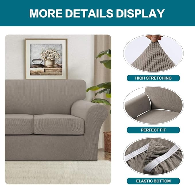 Turquoize 4 Piece Sofa Covers for 3 Cushion Couch Sofa Slipcover Soft Couch Cover for Dogs Washable Furniture Cover with 3 Individual Large Cushion Covers Feature Fabric (Large Sofa, Taupe)