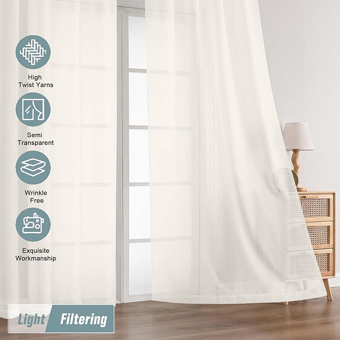 Ivory Sheer Curtains for Window 72 inches Long 2 Panels Set, Soft Airy Modern Light Filtering Sheer Curtains for Living Room Bedroom, Dual Rod Pocket Solid Window Drapes, 2x42Wx72L inches