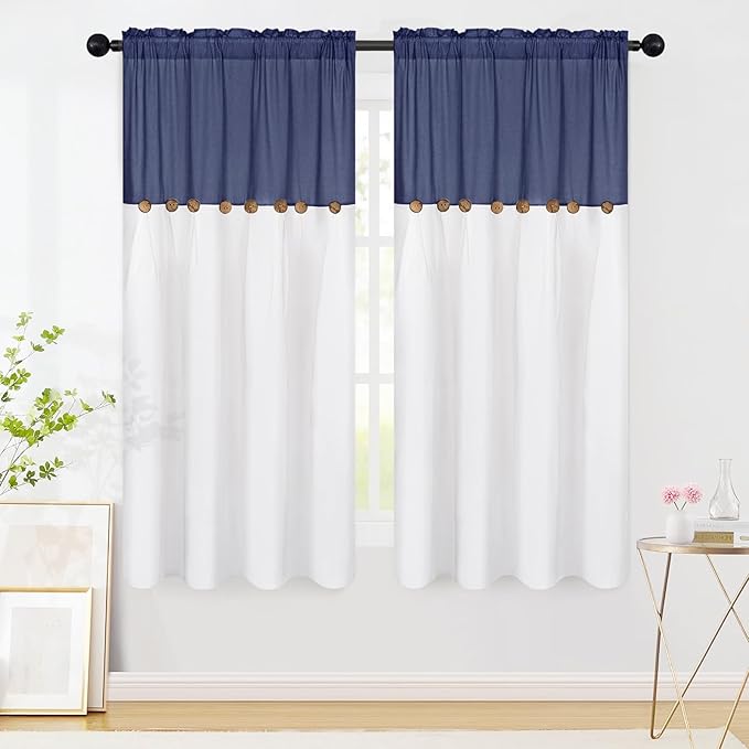 FRAMICS Farmhouse Cotton Linen Curtains for Living Room, Boho Button Curtains 63 Inch Length, Navy Blue Rustic Country Linen Window Curtains for Bedroom, Rod Pocket Curtains & Drapes, 52 x 63 Inch