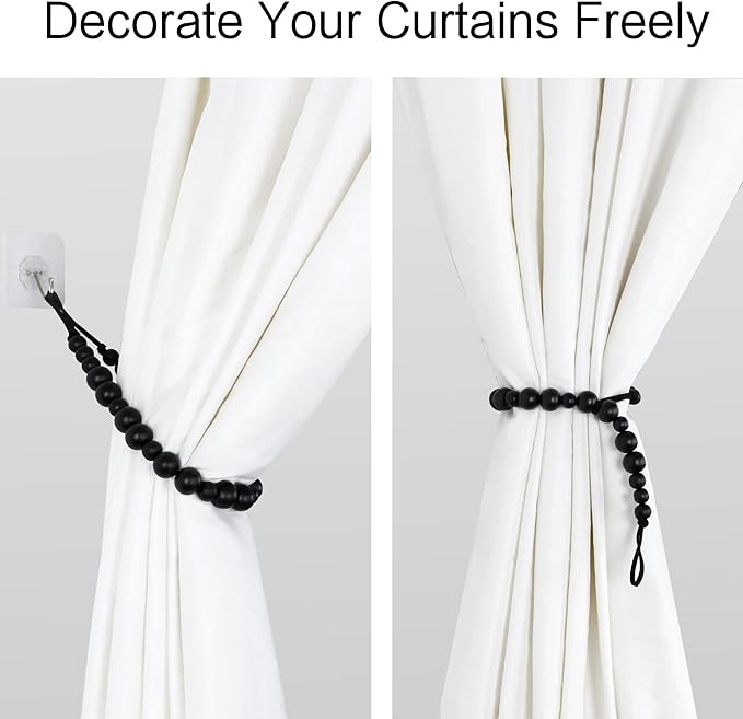 OCIOLI 2 Pieces Wood Bead Curtain Tieback Boho Curtain Tiebacks Curtain Holdbacks for Wall Curtain Ties Curtain Tie Backs with Hooks for Boho Decor Bedroom Decor Nursery Decor (Black Color, 2)