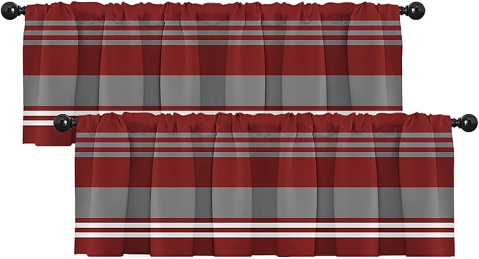 Emvency 2 Pack Valances Window Treatments, Red Grey White Striped Blackout Adjustable for Living Room Bathroom Bedroom Kitchen Over Sink, 52x12 Inch Rod Pocket Valances