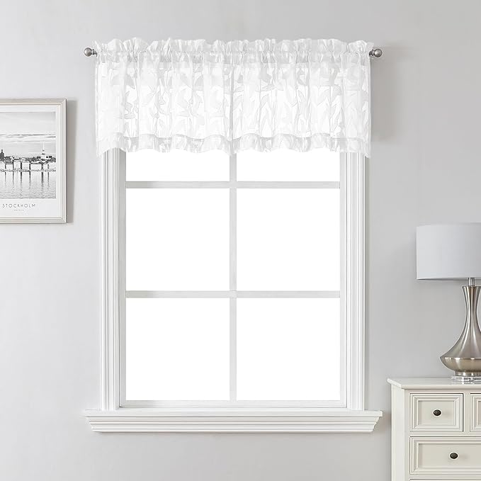 Lecloud Leia White Sheer Valances for Windows 16 Inch Length 2 Pcs, Jacquard Leaf Textured Short Kitchen Curtains Over Sink, Dual Rod Pocket Cafe Curtains for Bathroom, Each Panel 28" W x 16" L