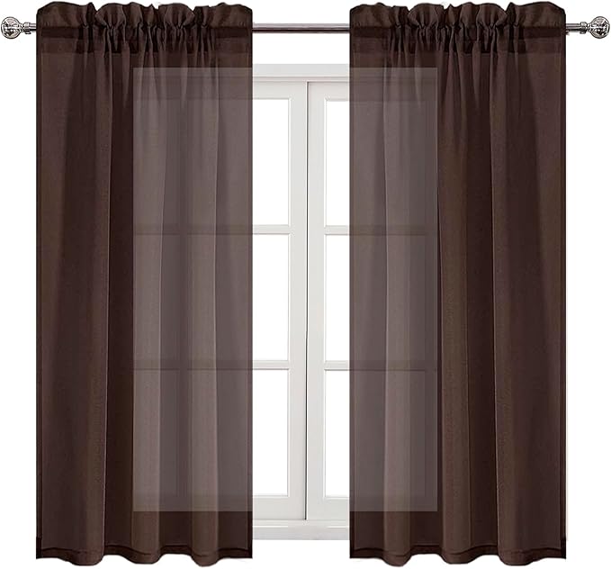 DWCN Brown Sheer Curtains Semi Transparent Voile Rod Pocket Curtains for Bedroom and Living Room, 42 x 45 inches Long, Set of 2 Panels