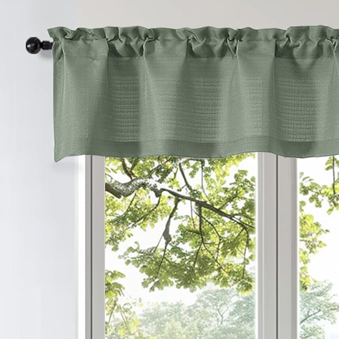 OWENIE Bob 1 PCS Green Valances for Windows, Faux Linen Textured Kitchen Window Curtains Valance for Bedroom Living Room, Modern Soft Airy Solid Rod Pocket Bathroom Cafe Curtain, 60Wx14L Inch