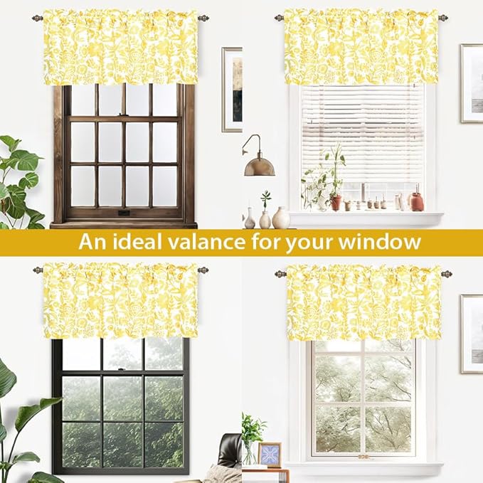 DriftAway Julia Watercolor Blooming Flower Floral Lined Thermal Insulated Window Curtain Valance Rod Pocket 52 Inch by 18 Inch Plus 2 Inch Header Yellow 1 Pack