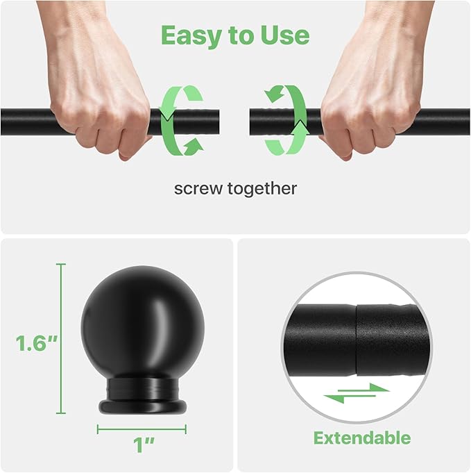 2 Pack 28-48 inch Black Metal Wall Mounted Curtain Rod Set with Brackets, 5/8" Adjustable Small Curtain Rods for Bedroom, Kitchen, Living Room, Grommet Curtains