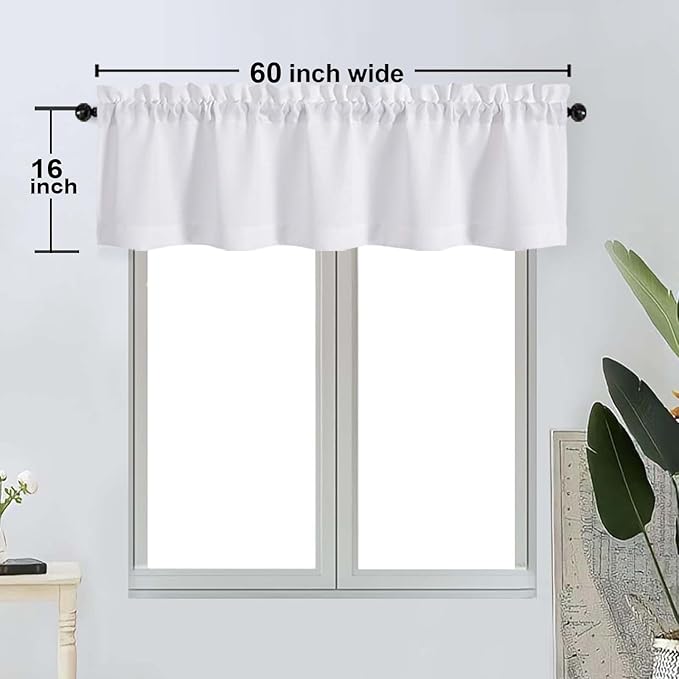 OWENIE Bob 1 PCS White Valances for Windows, Faux Linen Textured Kitchen Window Curtains Valance for Bedroom Living Room, Modern Soft Airy Solid Rod Pocket Bathroom Cafe Curtain, 60Wx16L Inch