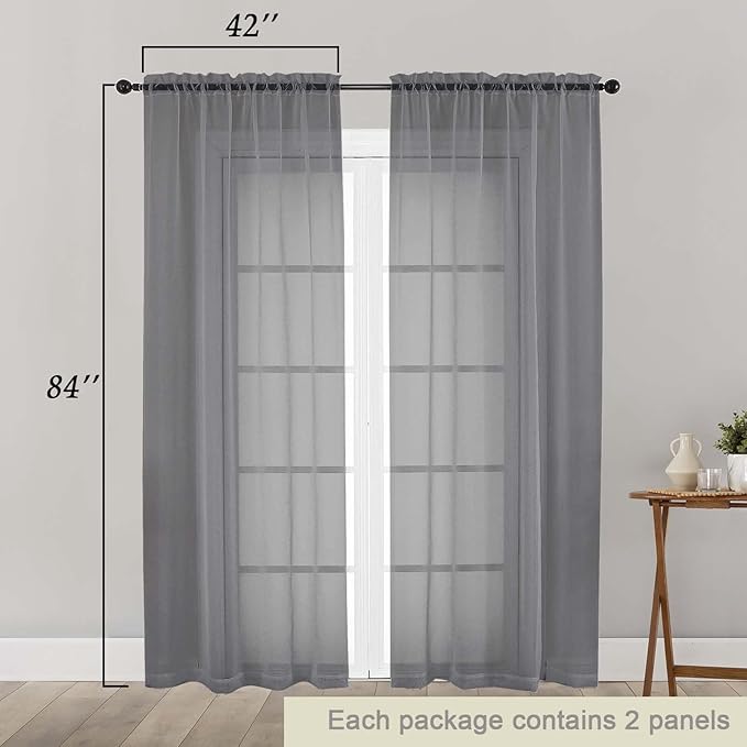 Grey Sheer Curtains 84 Inches Long 2 Panels, Soft Airy Light Filtering Curtains for Bedroom Living Room, Rod Pocket Privacy Drapes Window Treatments, Grey, Total Wide 84 Inch